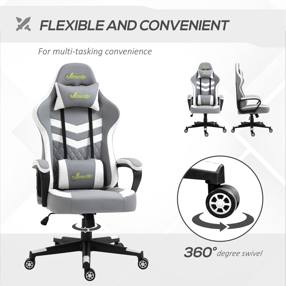 image 1 of Vinsetto Gaming Chair, Computer Desk Chair with Lumbar Support, Faux Leather Racing Chair with Headrest and Swivel Wheels for Home Office, Grey White