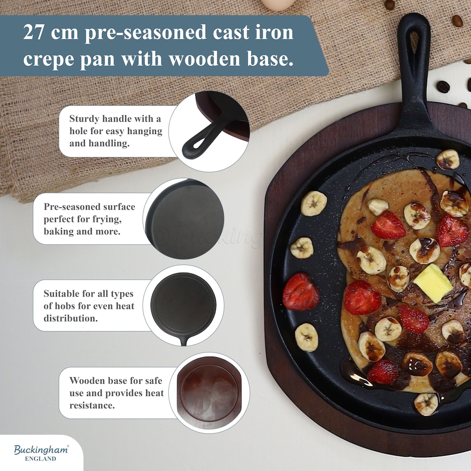 image 1 of Buckingham Pre-Seasoned Cast Iron Griddle Crepe Pan 27 cm with Wooden Base