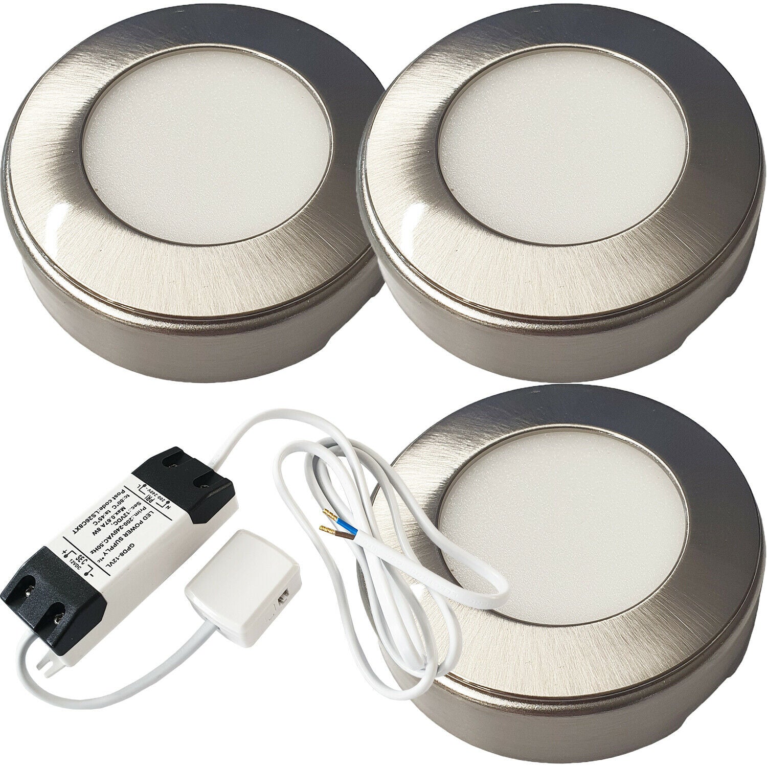 Loops 3x BRUSHED NICKEL Round Surface or Flush Under Cabinet Kitchen Light & Driver Kit - Warm White LED in Metallics