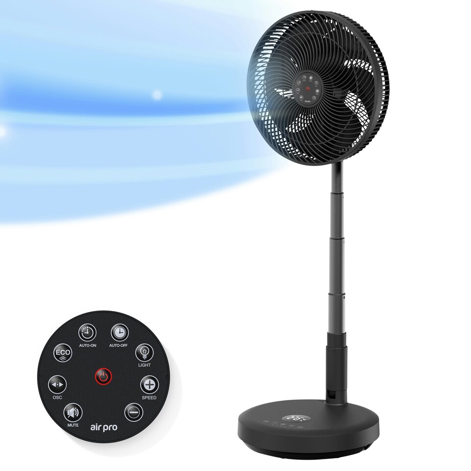 image 1 of Air Pro 13" Pedestal Fan With Remote Control - Oscillating & Portable Foldable Fan - Height Adjustable - LED Display - 12 Speeds
