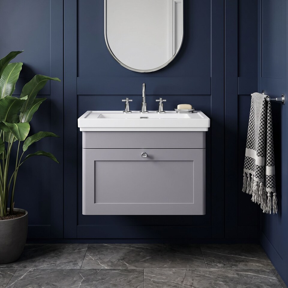 image 1 of Balterley Swynnerton Traditional 1 Drawer Wall Hung Vanity Unit with Basin, Satin Grey, 600mm