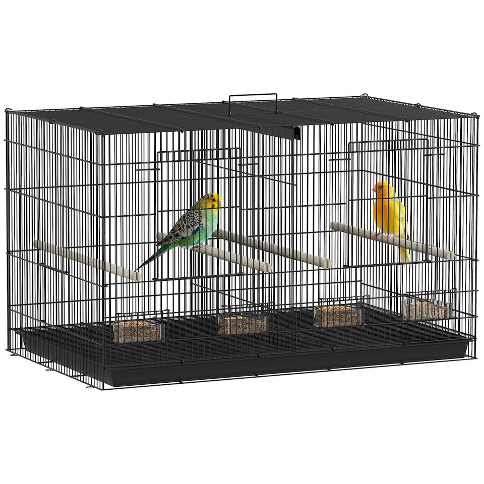 image 1 of PawHut Bird Cage with Divider, 4 Wooden Perches, Slide Out Tray, Black