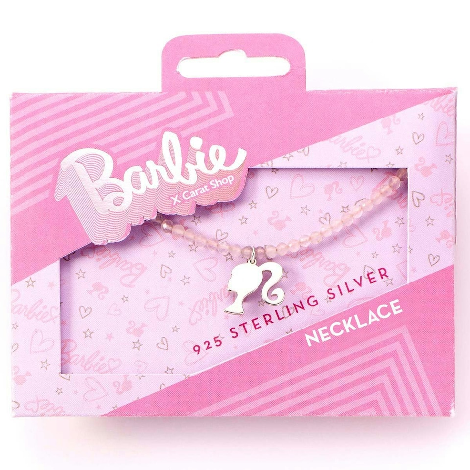 image 1 of Barbie Sterling Silver Silhouette Charm on a Rose Quartz Bead Necklace