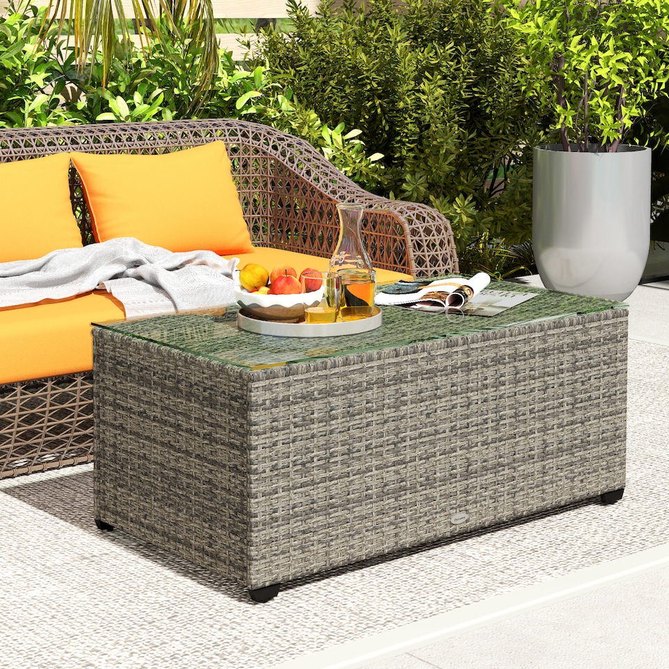 image 1 of Outsunny Outdoor Coffee Table, Glass Top Rattan Side Table, Dark Grey