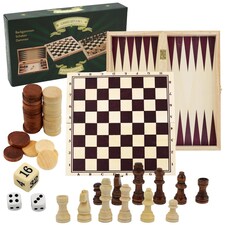 The Magic Toy Shop 3-in-1 Chess Draughts Backgammon Compendium Wooden Board Game Set