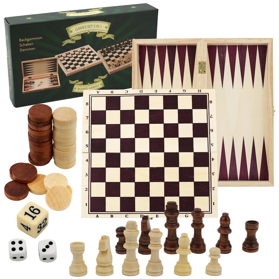 image 1 of The Magic Toy Shop 3-in-1 Chess Draughts Backgammon Compendium Wooden Board Game Set