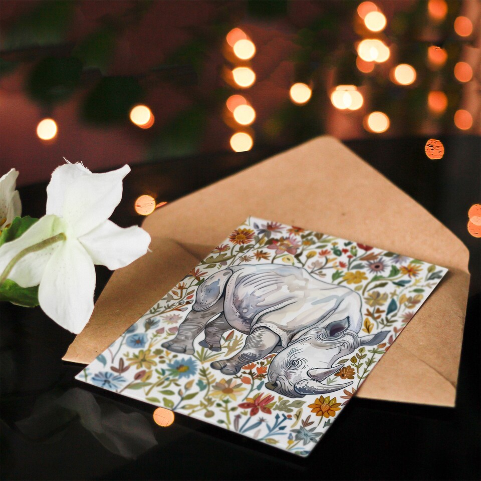 image 1 of Greeting Card Rhinoceros Rhino in Wildflower Meadow Watercolour