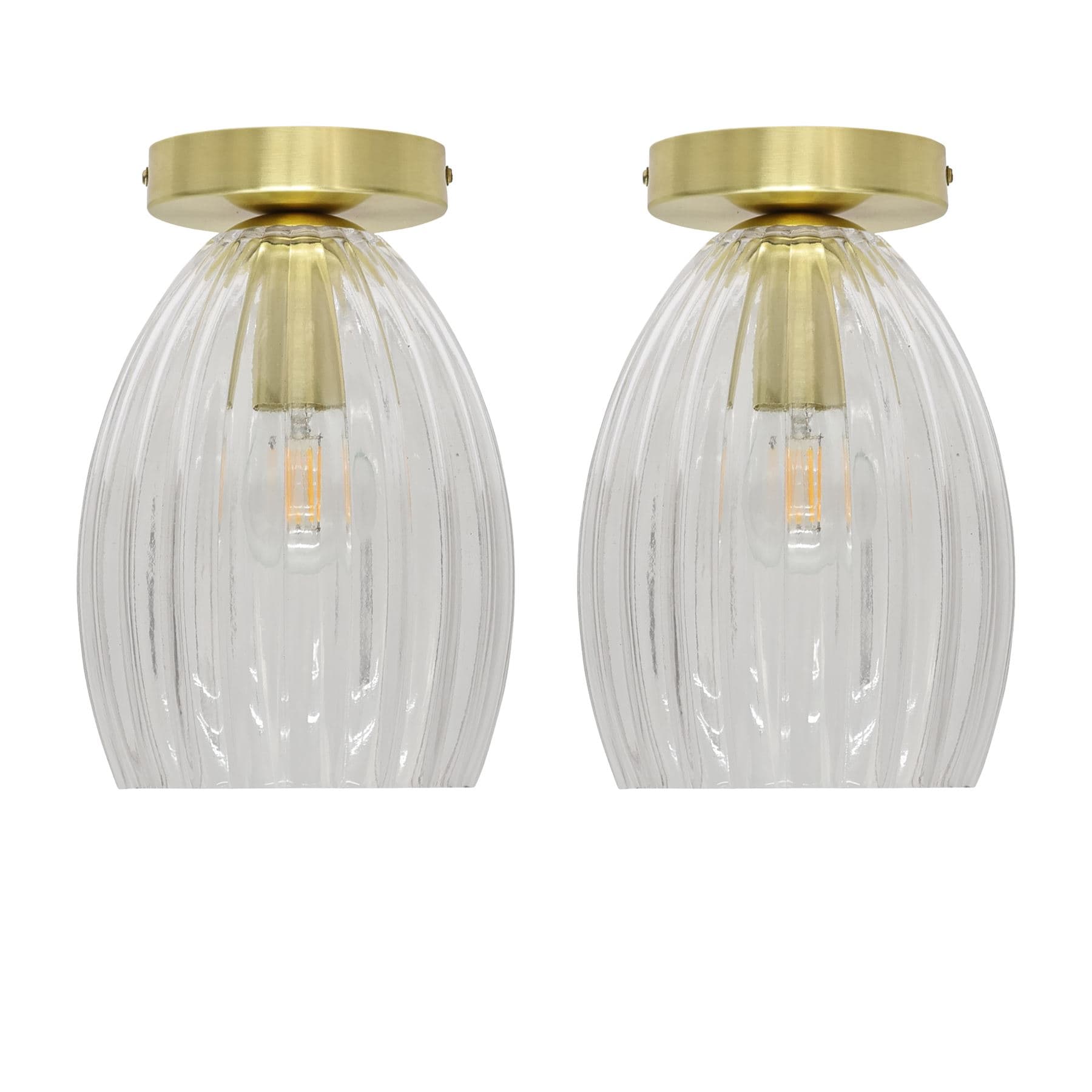 First Choice Lighting Set of 2 Birch - Clear Fluted Glass Satin Brass Ceiling Light Fittings
