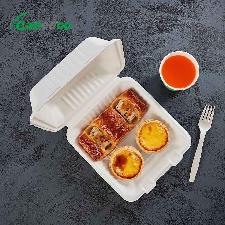 image 1 of Bagasse Sugarcane Takeaway Boxes 8x8 Clamshell Containers, PFAS Free, TUV Home Compostable Certified Food Boxes for Hot & Cold Meals, Restaurants, Parties & Catering