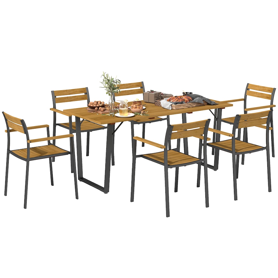image 1 of Outsunny 7 Piece Garden Dining Set, Fir Wood Garden Furniture Set with Rectangle Table and 6 Stackable Chairs, Umbrella Hole, Slatted Top and Steel Frame, for Patio Balcony Porch, Brown