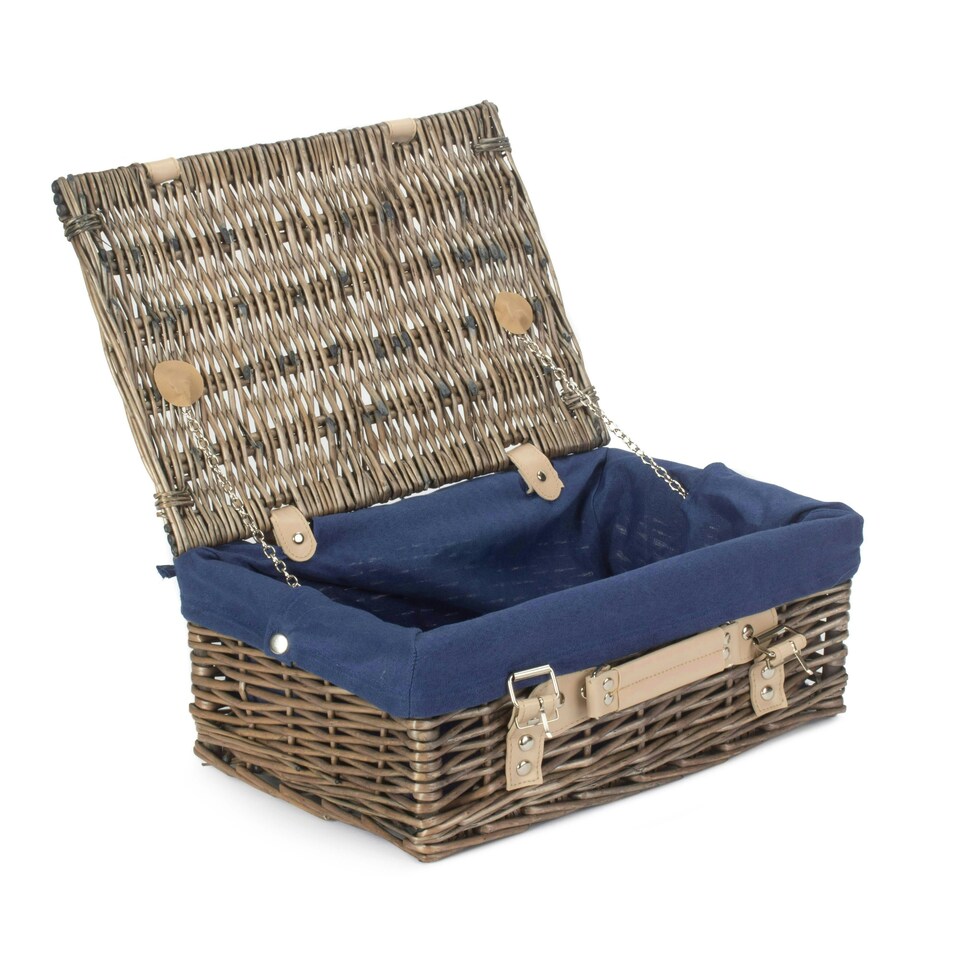 image 1 of 36cm Antique Wash Wicker Picnic Basket with Lining Blue | Blue | One Size