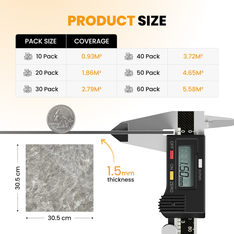 image 1 of Vinyl Floor Tiles Self Adhesive – 30 Pack Covers 30 sqf (2.79sqm) – 12x12in (30.5x30.5cm) Waterproof Peel & Stick Vinyl Flooring for Kitchen, Bathroom & Home | Grey