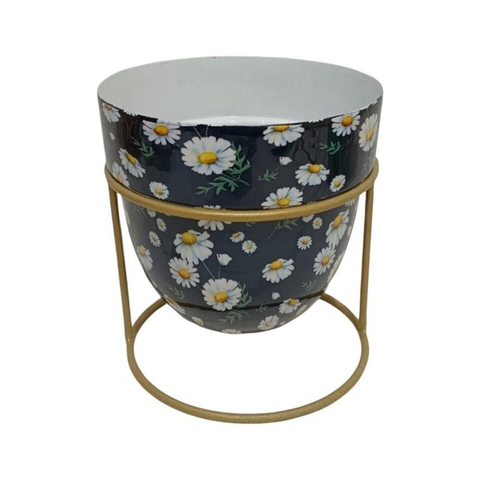 image 1 of Flower Print Design Planter on Stand - L13 x W13 x H13 cm Blue