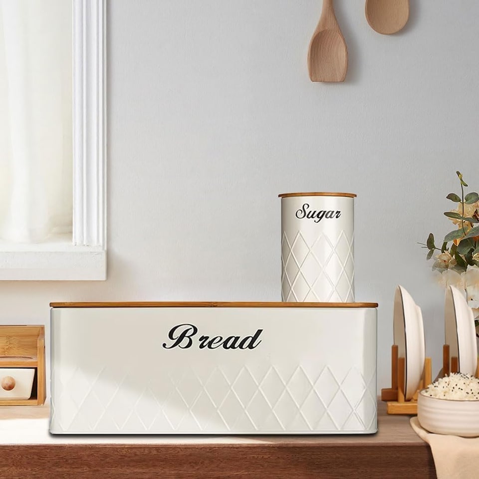 image 1 of 6Pcs Kitchen Storage Canister Jars with Can Opener Airtight Bamboo Lid Tea Coffee Sugar Bread Tins Set