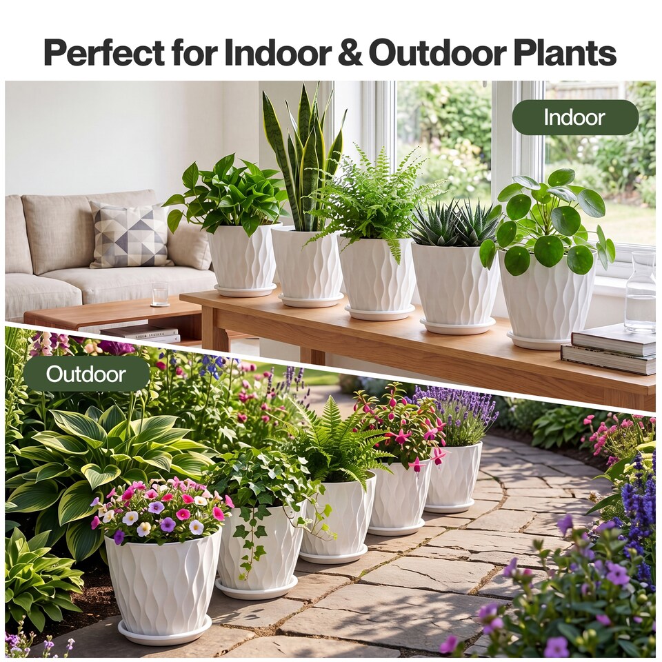image 1 of TOQUE Plant Pots,5Pc 8 Inch Plant Pots Indoor,Drainage,PP Plastic,White