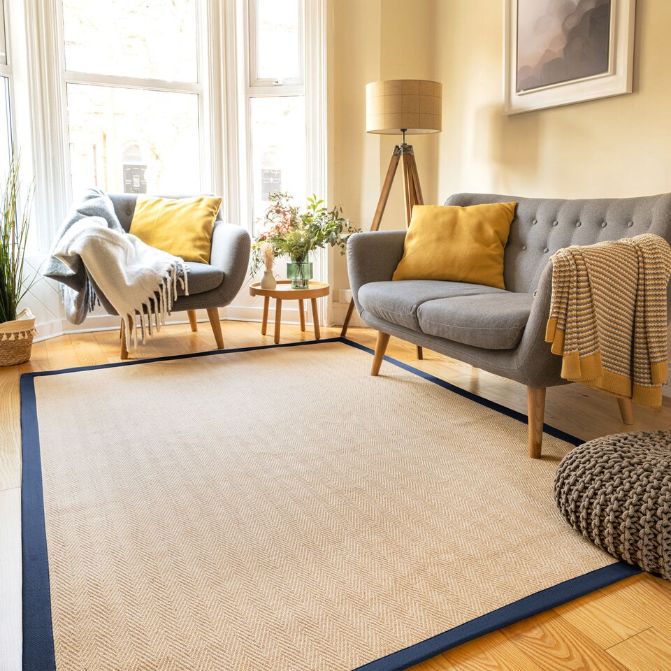 image 1 of KUKOON Natural Golden Beige Jute Micro Woven Herringbone Pattern Cotton Border Area Rug 80cm x 150cm