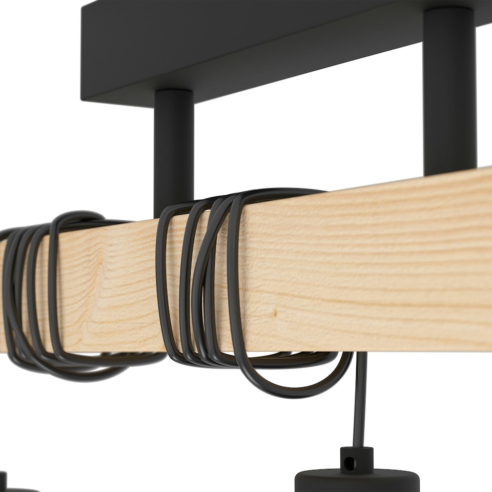 image 1 of EGLO Townshend 5 Black/Natural Wood 3-Light Ceiling Pendant, Semi-Flush Industrial Style