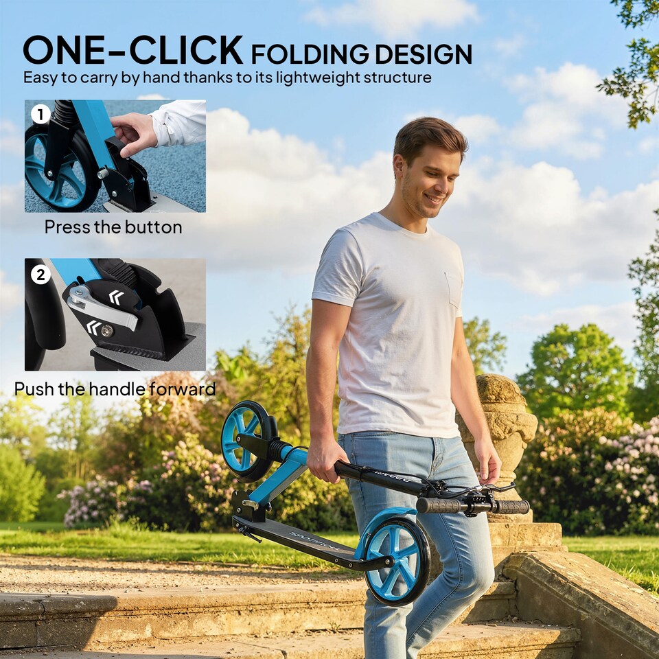 image 1 of HOMCOM Folding Kick Scooter for 14+ w/ Adjustable Height | Red | Blue and Black | 91.5L x 36.5W x 91-104H cm