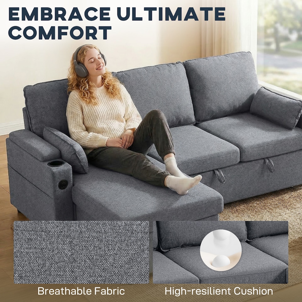 image 1 of HOMCOM Corner Sofa Bed, L Shaped Sofa with Storage Chaise, USB Ports | Grey | Grey | 205W x 136.5D x 85H cm