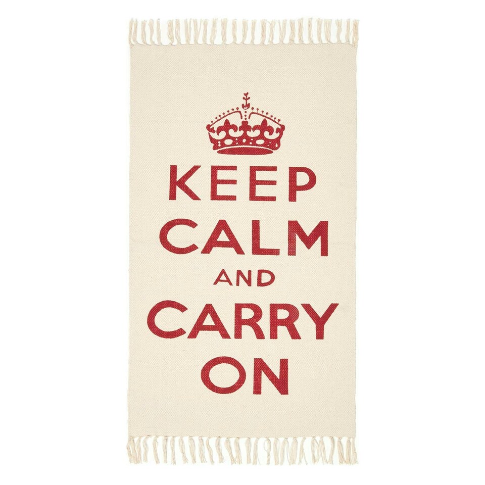 image 1 of Homescapes Keep Calm And Carry On Handwoven 100% Cotton Rug in Red & White - 60 x 100 cm Red | 60 x 100 cm