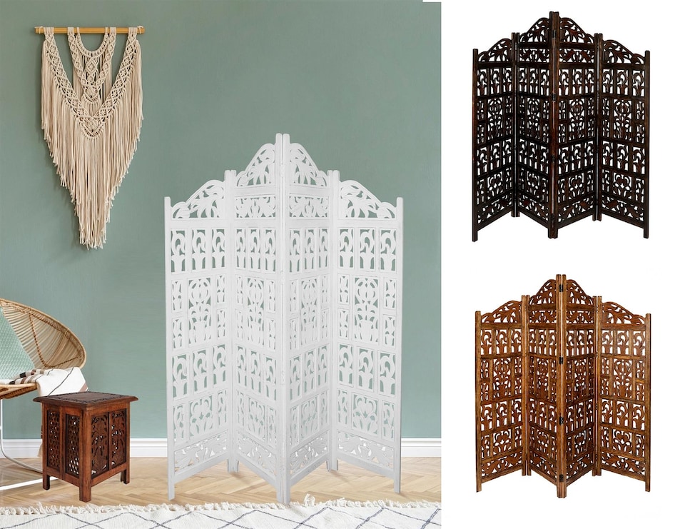 image 1 of 4 Panel Heavy Duty Carved  Screen Wooden Gamla Design Room Divider White 200 x 180 cm | White | White | 200 x 180 cm