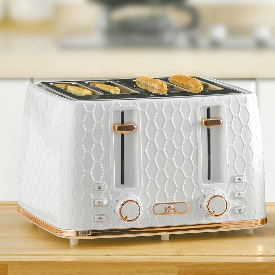 image 1 of HOMCOM Toaster with 4 Slot, 7 Browning Levels, 1600W, White Honeycomb White | Pink accents | 29.3L x 27.6W x 18.9H cm
