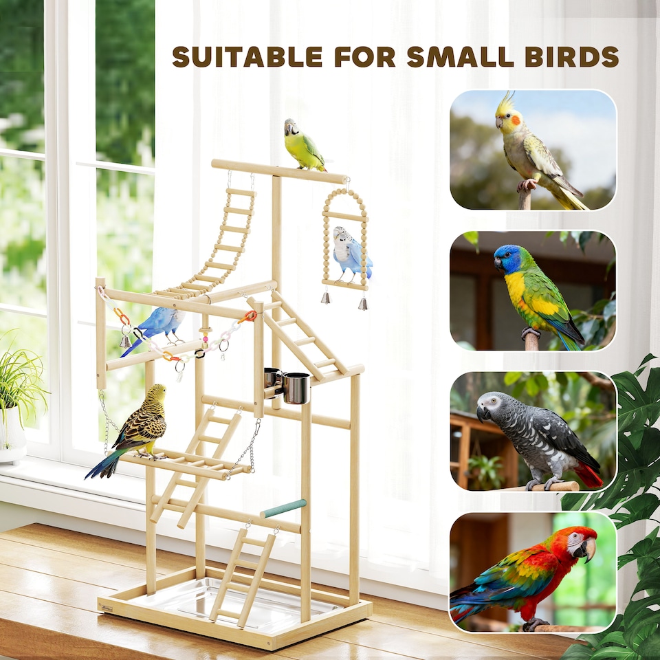 image 1 of PawHut Wooden Bird Playground with Ladders, Chain Toy, Steel Cups and Tray