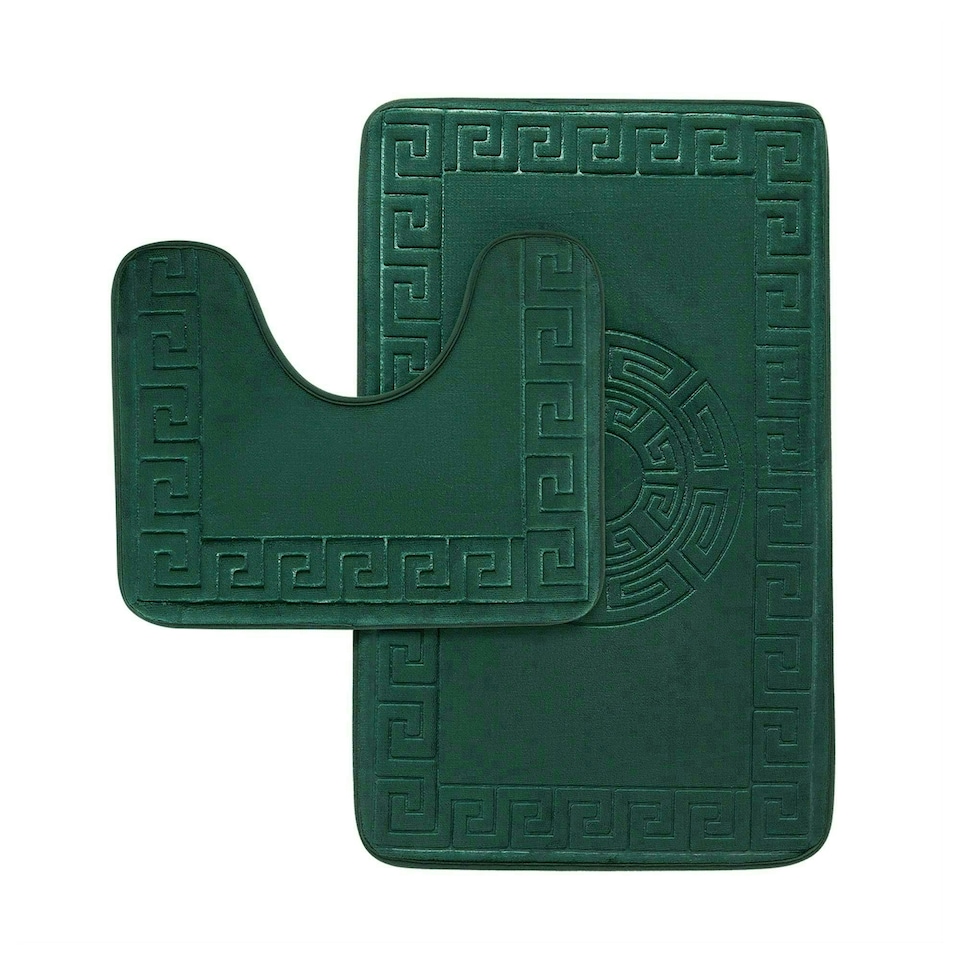 image 1 of VELVETIO Bath Mat Set Greek Pattern Anti Slip Memory Foam Toilet Rug Green