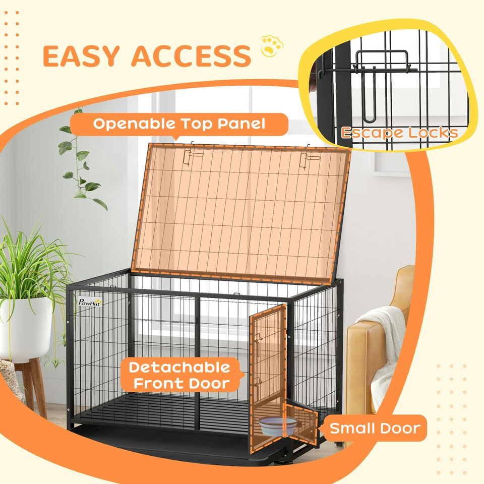 image 1 of PawHut 43" Heavy Duty Dog Crate on Wheels w/ Bowl Holder, Removable Tray