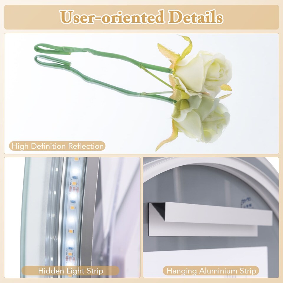 image 1 of COSTWAY Half Circle LED Bathroom Mirror Anti-Fog Vanity Mirror