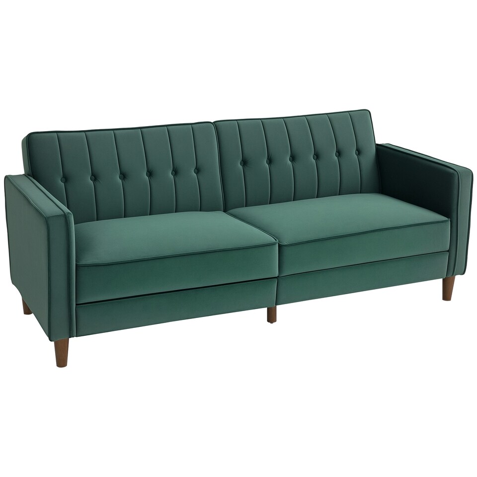 image 1 of HOMCOM Convertible Sofa Futon Velvet-Touch Tufted Couch Sofa Bed Green