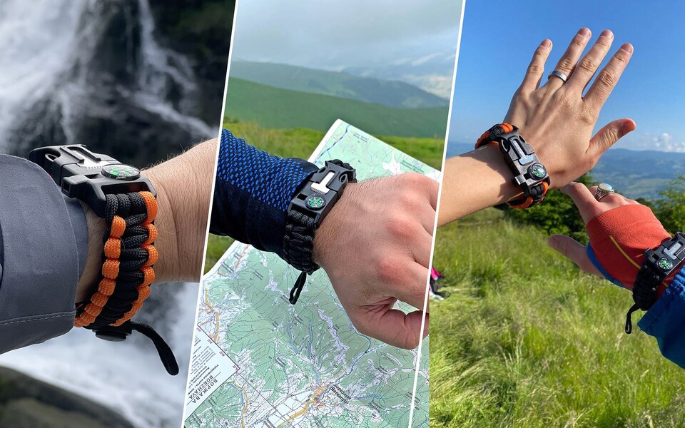 image 1 of aZengear Paracord Survival Bracelet (Pair), Flint Fire Starter, Whistle, Compass for Camping, Bushcraft and Emergency Equipment