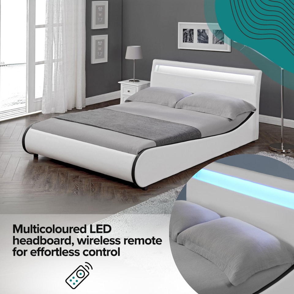 image 1 of Orion LED Lights Headboard Gaming Style White and Black Faux Leather Bed Frame (Double) | White | White