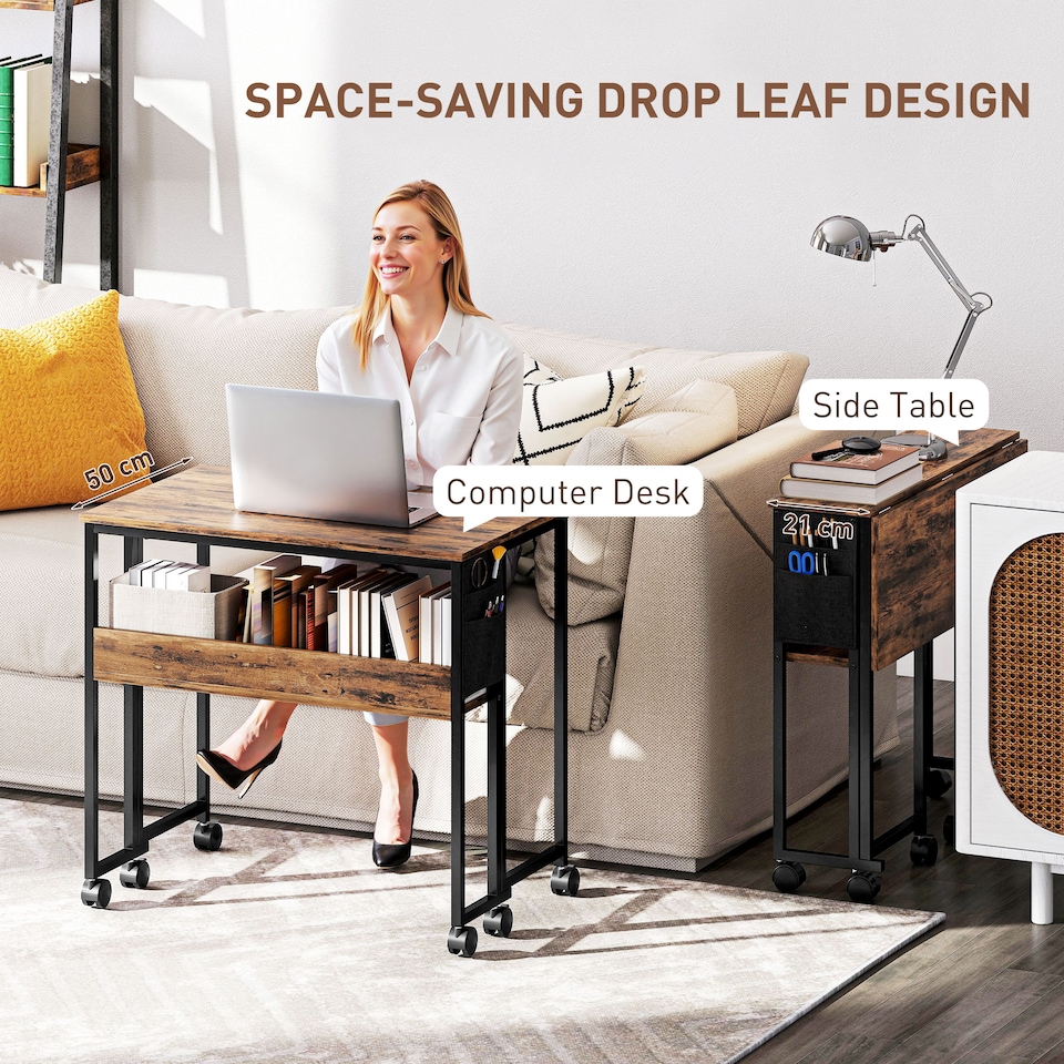 image 1 of HOMCOM Folding Desk with Storage Shelf and Bag, 80 cm Foldable Computer Desk for Small Spaces, Space Saving Writing Table on Wheels for Home Office, Bedroom, Easy Assembly, Rustic Brown | Brown