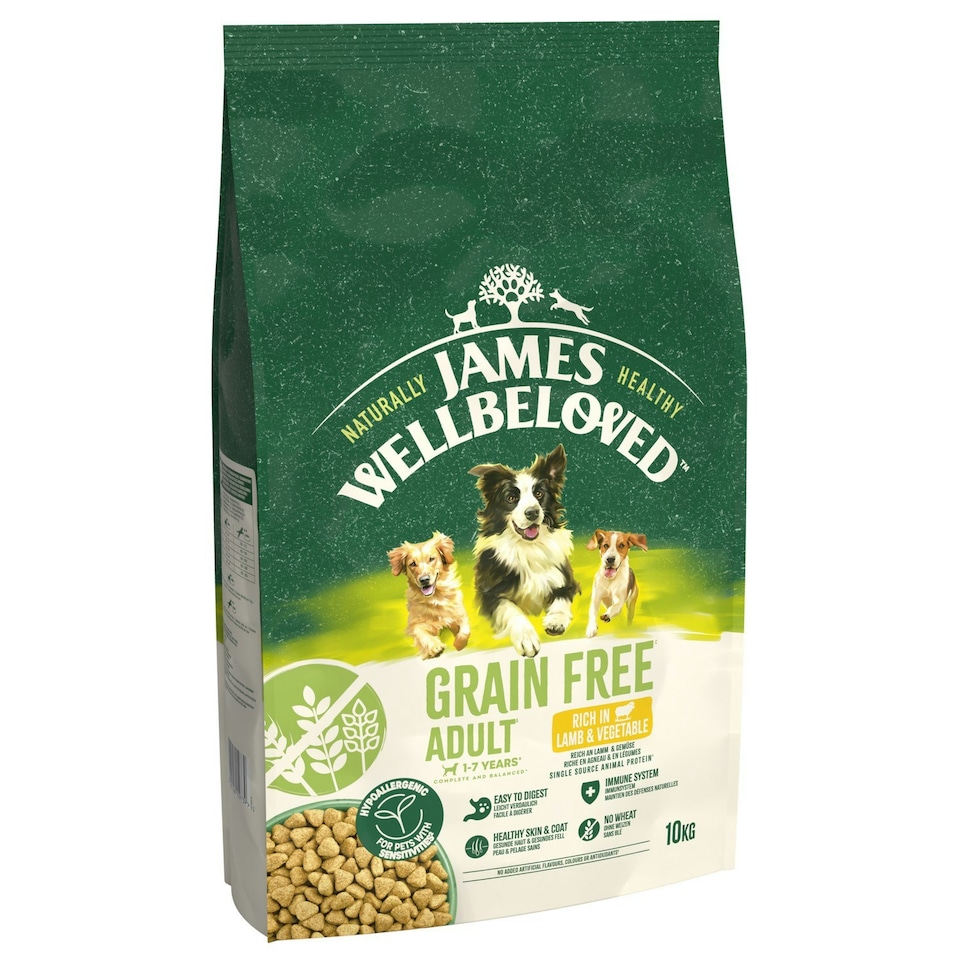 image 1 of James Wellbeloved Grain Free 1-7 Adult Dog Dry Food Lamb & Veg 10kg
