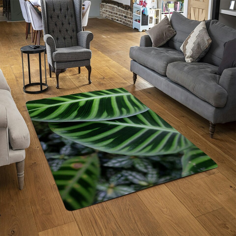 image 1 of Green leaves with white and yellow structure in exotic jungle setting (Rug) Green | L