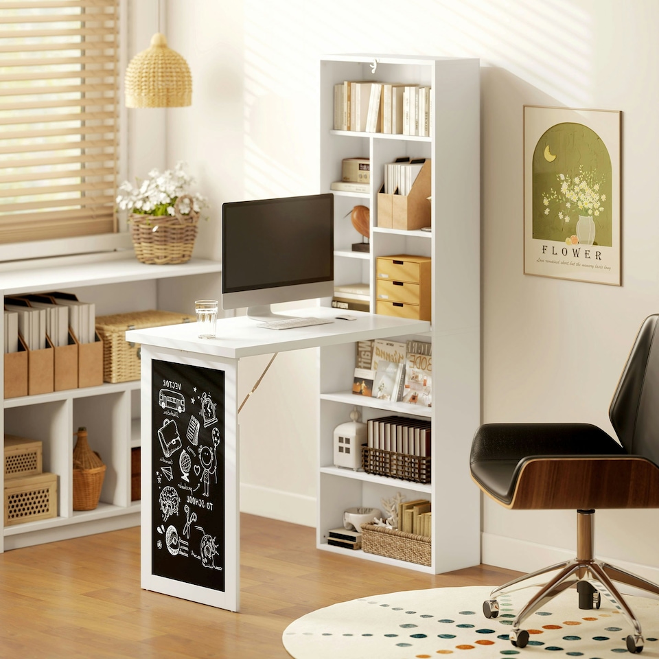 image 1 of HOMCOM Folding Convertible Desk with Blackboard and Bookshelf, White