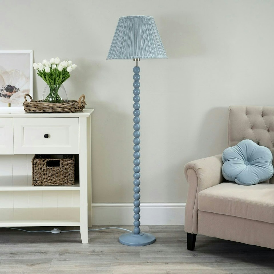 image 1 of ValueLights Bobbles Powder Blue Bobbin Floor Lamp with Blue Pleated Shade