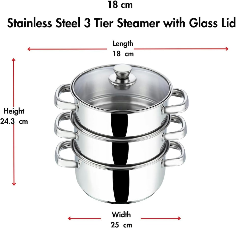 image 1 of Stainless Steel 3-Tier 18cm Casserole & Steamer Set