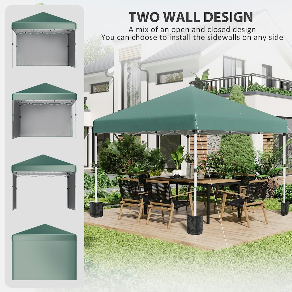 image 1 of Outsunny 3x3 (M) Pop Up Gazebo Party Tent w/ 2 Sidewalls, Weight Bags, Green