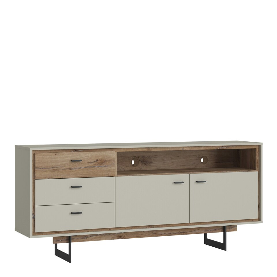 image 1 of Rivero 2 Door 3 Drawer Open Shelf Sideboard in Grey and Oak