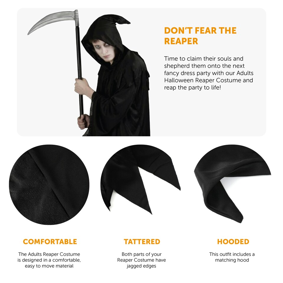 image 1 of Grim Reaper Costume - Long Cape with Hood Black | S