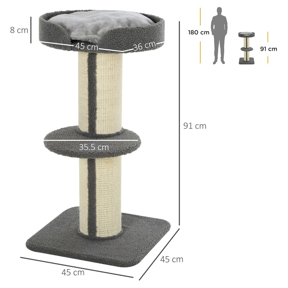 image 1 of PawHut 2-Tier Cat Kitten Resting Tree with Top Basket Cushion Grey