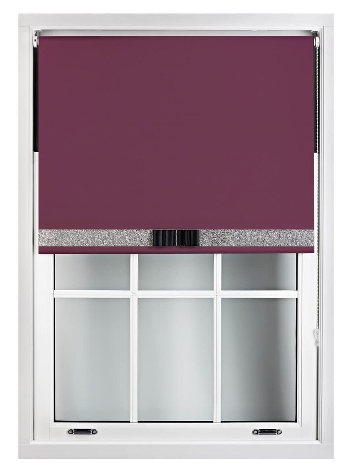 image 1 of FURNISHED Blackout Roller Blind with Silver Glitter Trim and Black Bow Trimmable Window Shade | Purple | Aubergine | (W) 130cm x (L) 165cm