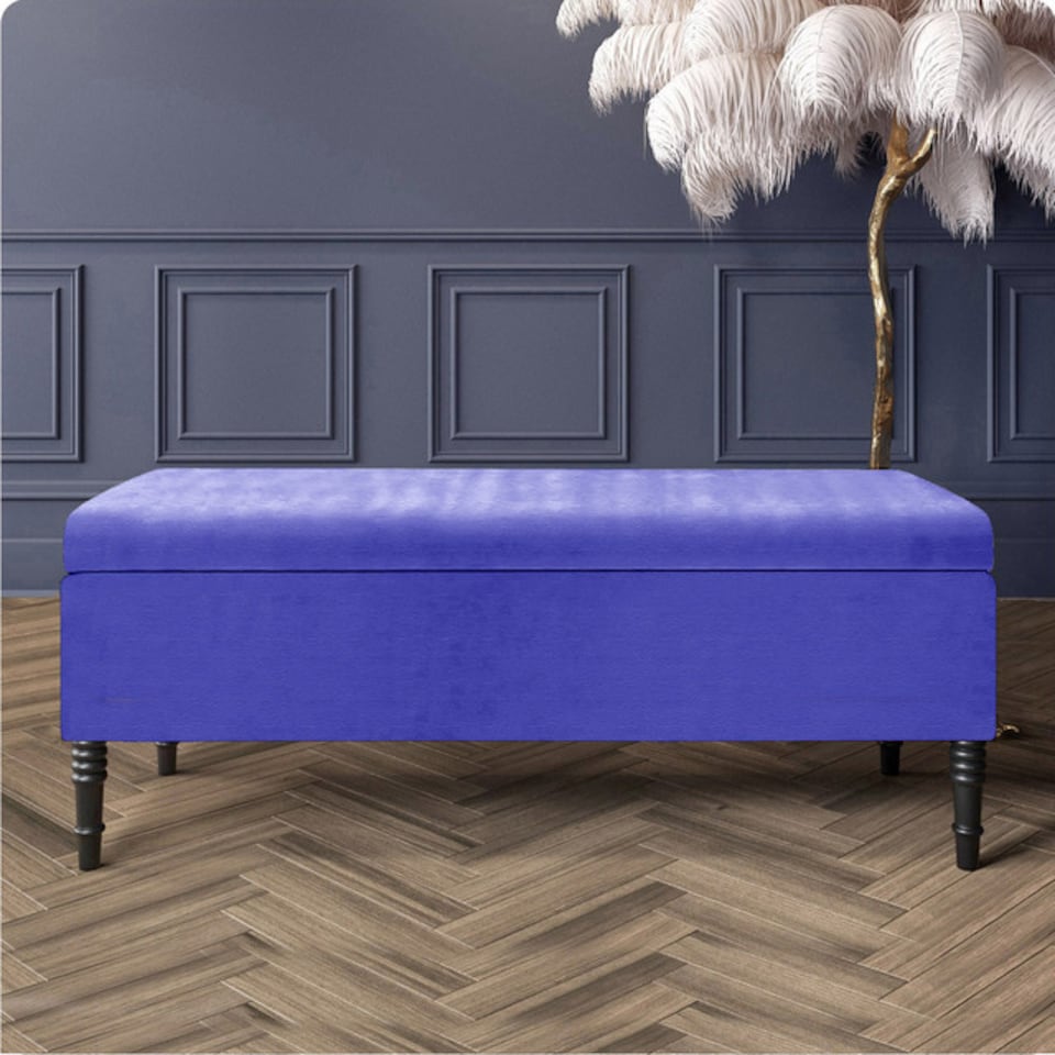 image 1 of 180cm Paris Plain Ottoman Storage Bench -Naples Shoes Bench with Black Turned Wooden Legs - Blue Upholstery Storage Footstool