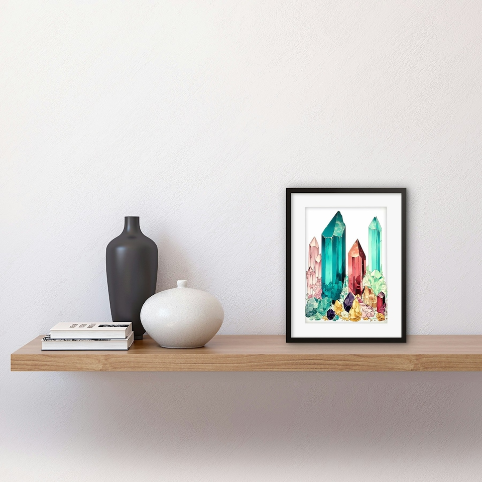 image 1 of Bright Watercolour Gemstone Crystals 9x7" Black Framed Wall Art Print