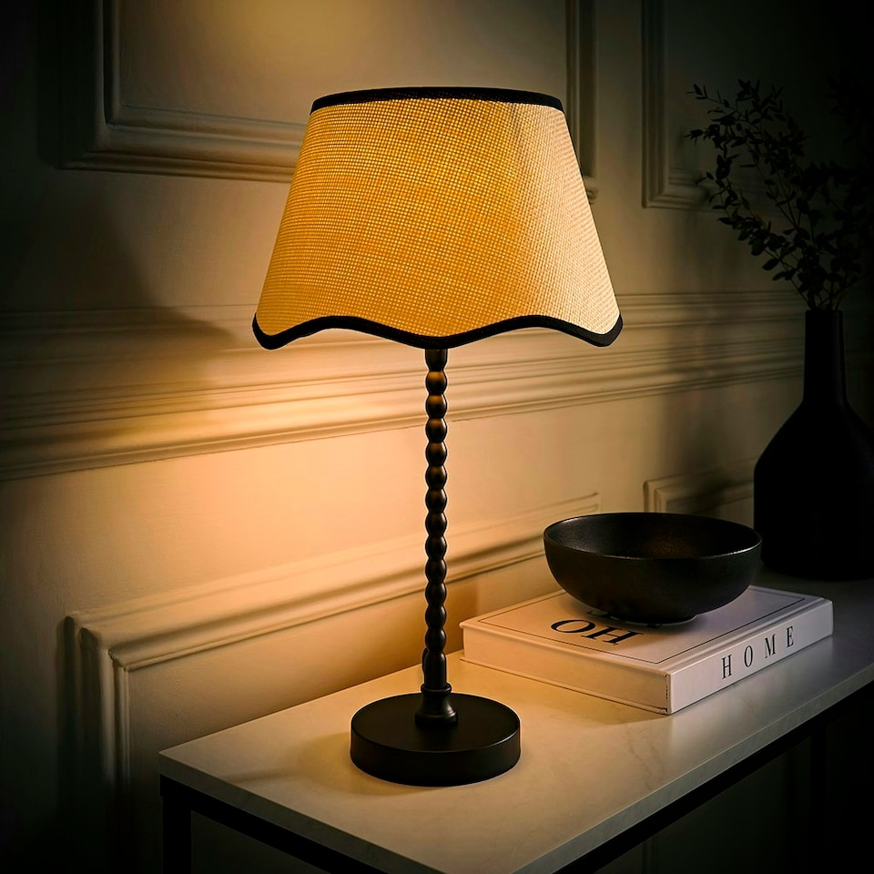 image 1 of ValueLights Maeve Natural Scallop Black Trim Drum Shade Matte Black Bobbin Bobble Table Lamp Black