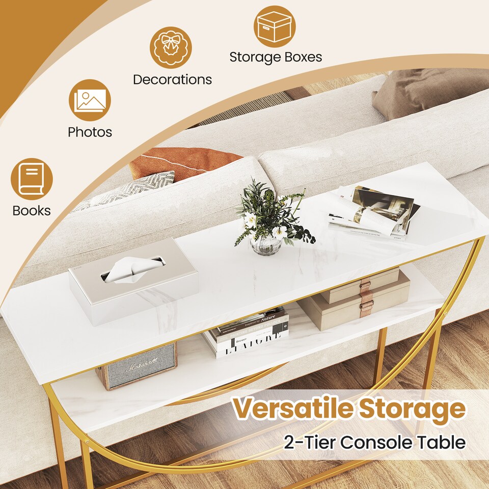 image 1 of COSTWAY 2-Tier Faux Marble Top Console Entryway Table White