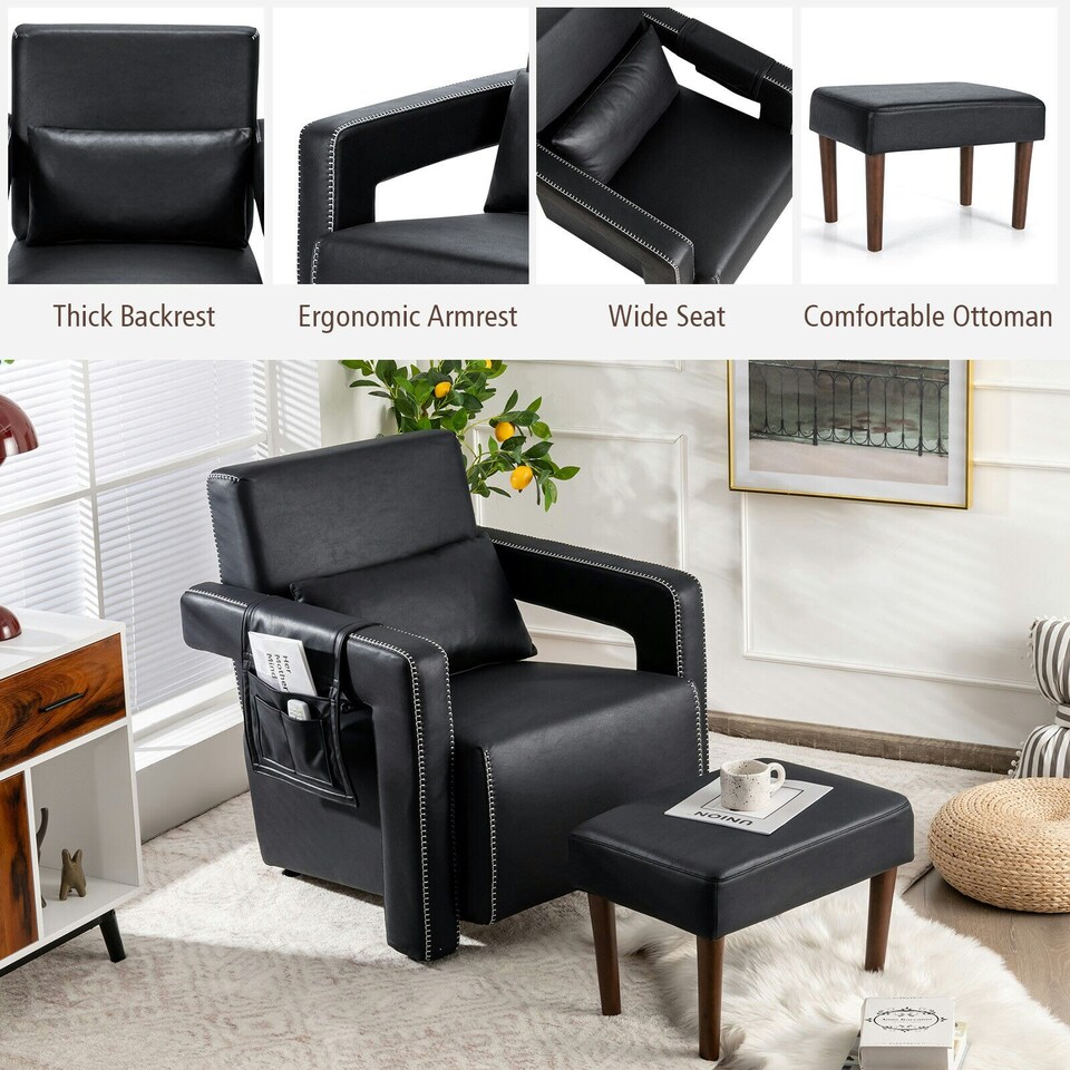 image 1 of COSTWAY Modern Accent Sofa Chair with Ottoman Upholstered Black Black