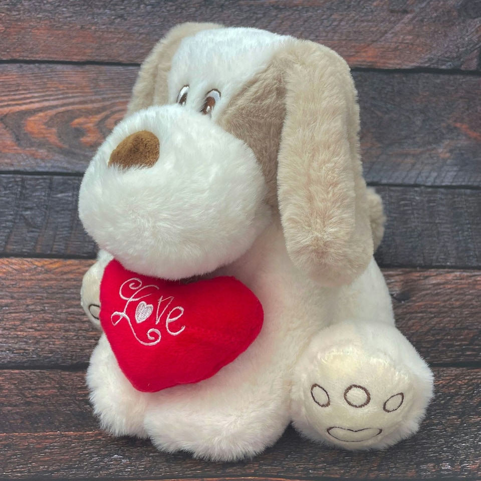 image 1 of Valentines Soft Toy Dog Puppy Holding Love Heart Plush Toy Brown Dog